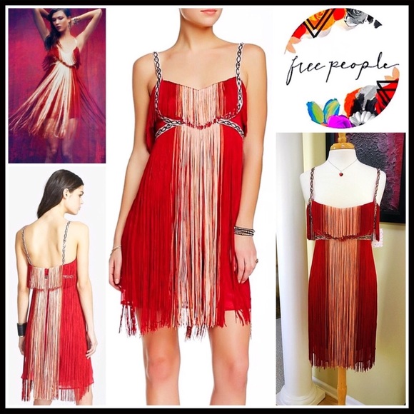 FREE PEOPLE RED FRINGE BOHO COCKTAIL PARTY DRESS - Picture 8 of 8